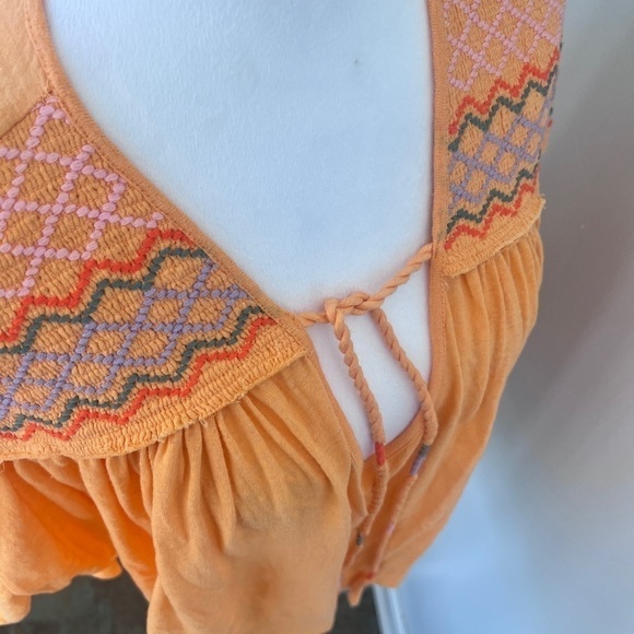 Free People Market Embroidered Boho Tassel Tie Crop Top Carrot Orange Sz M - Picture 10 of 14